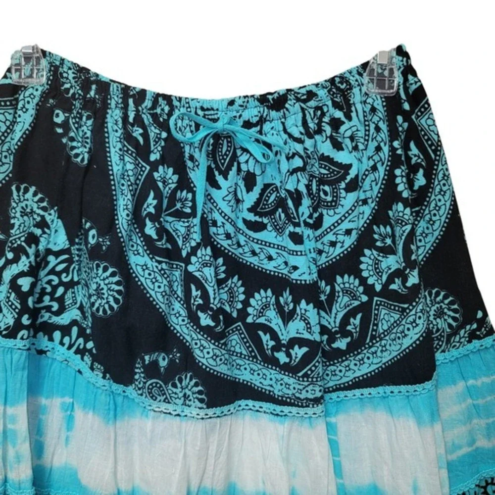 Anna‎ Bugatti Tie Dye Tier Crochet Boho Blue Cotton Midi Skirt Y2K Hippie One Sz